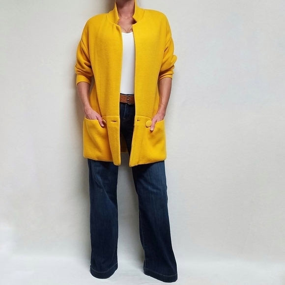 VINTAGE 90s I.B. Diffusion Mustard Yellow Knit Oversized Kimono Sweater Cardigan - Picture 2 of 14